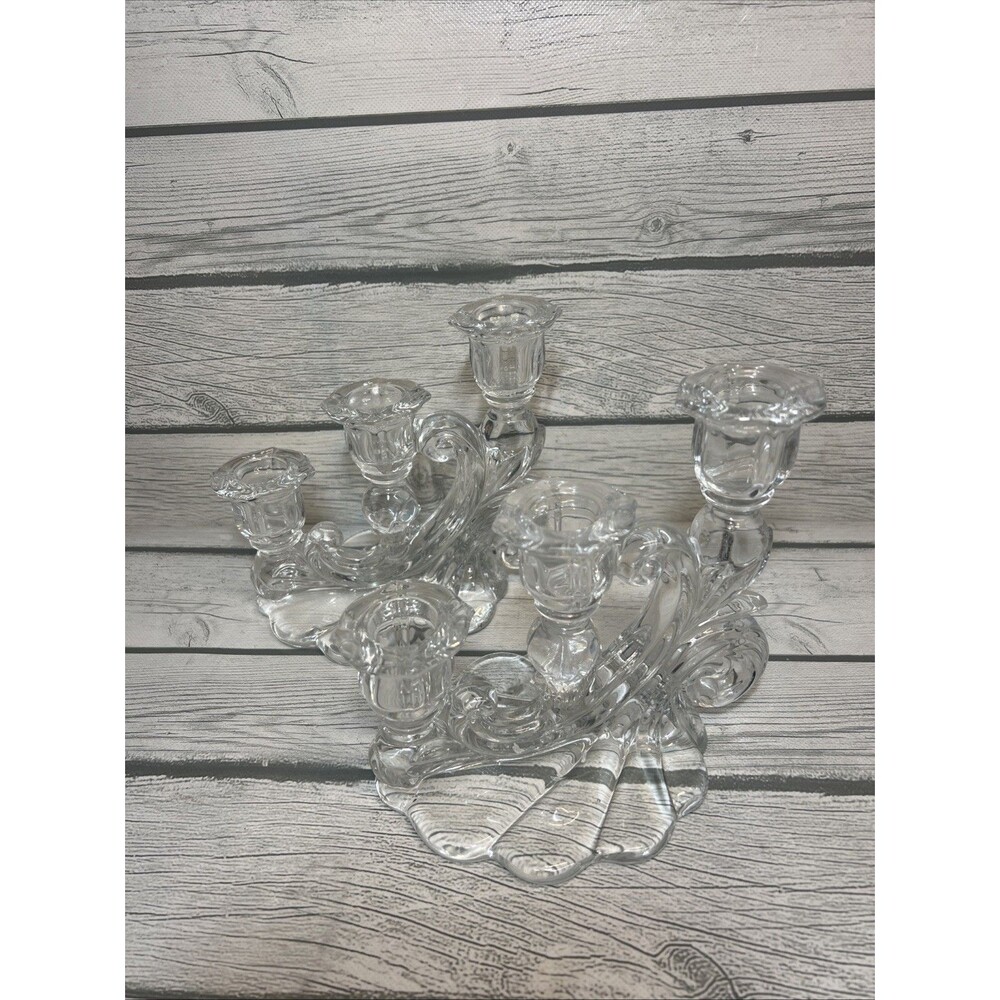Vintage Pair Cambridge Glass 3 Light Taper CANDLE HOLDERS Caprice Shell